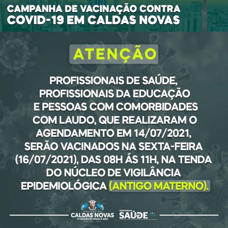 Vacinas Agendadas dia 14/07, serão realizadas na sexta-feira