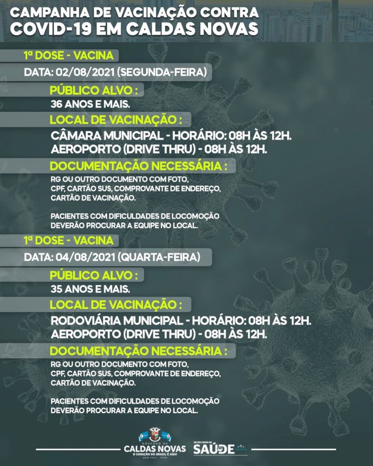 Vacinação continua nessa semana com a 1ª dose para o público em geral