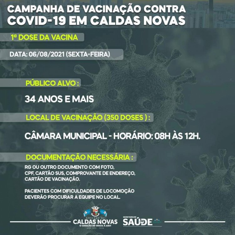 Vacinação primeira dose contra Covid-19 em Caldas Novas: 34 anos ou mais