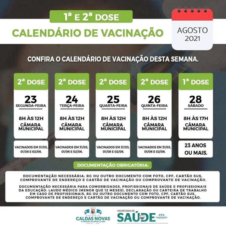 Confira o calendário de vacinação contra a Covid-19, da semana em Caldas Novas