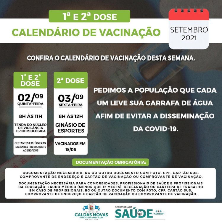 Confira a previsão do calendário de vacinação contra a Covid-19, desta semana, em Caldas Novas