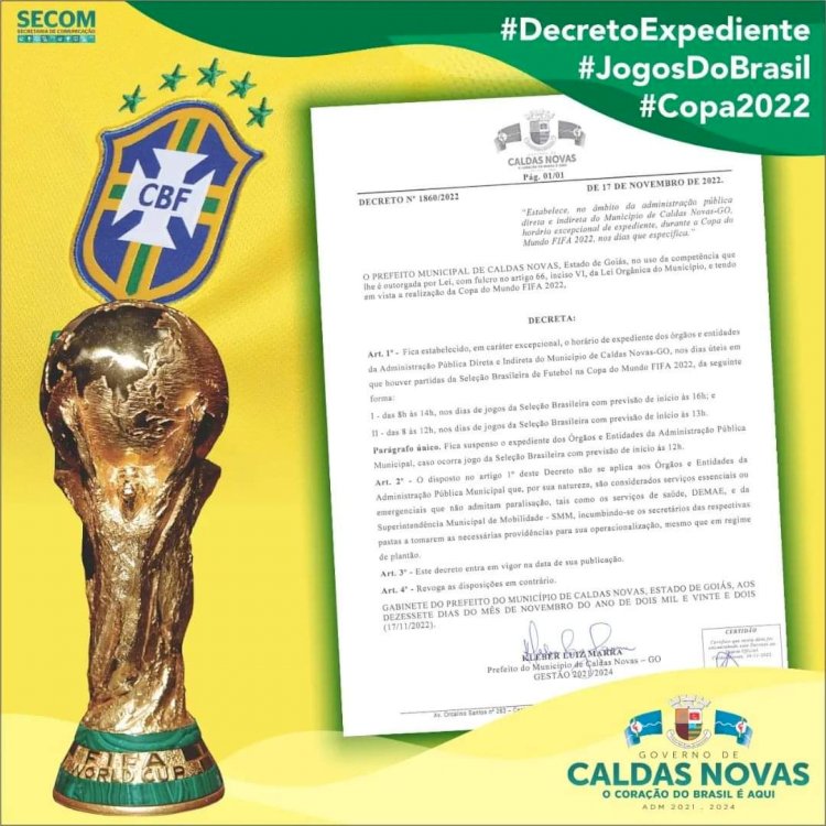 Confira como fica o expediente da Prefeitura de Caldas durante os jogos da Seleção na Copa do Mundo de 2022