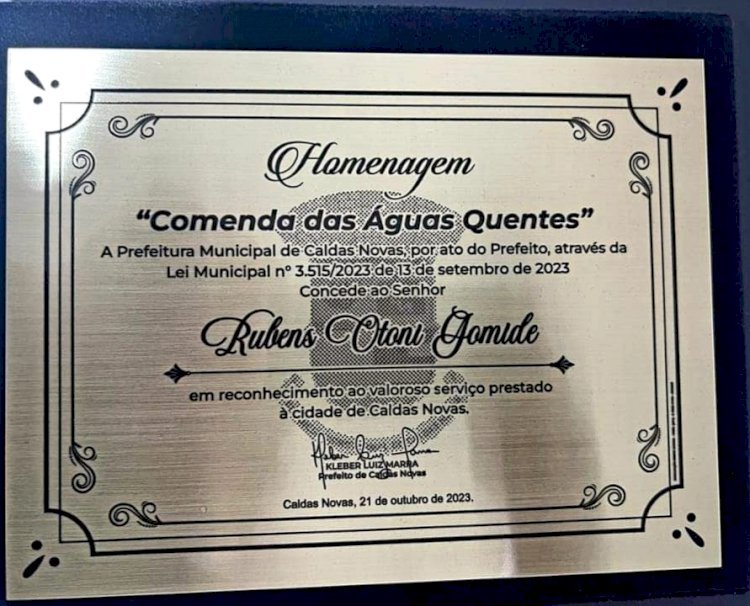 Comenda das Águas Quentes: Deputado Rubens Otoni recebe homenagem em Caldas Novas