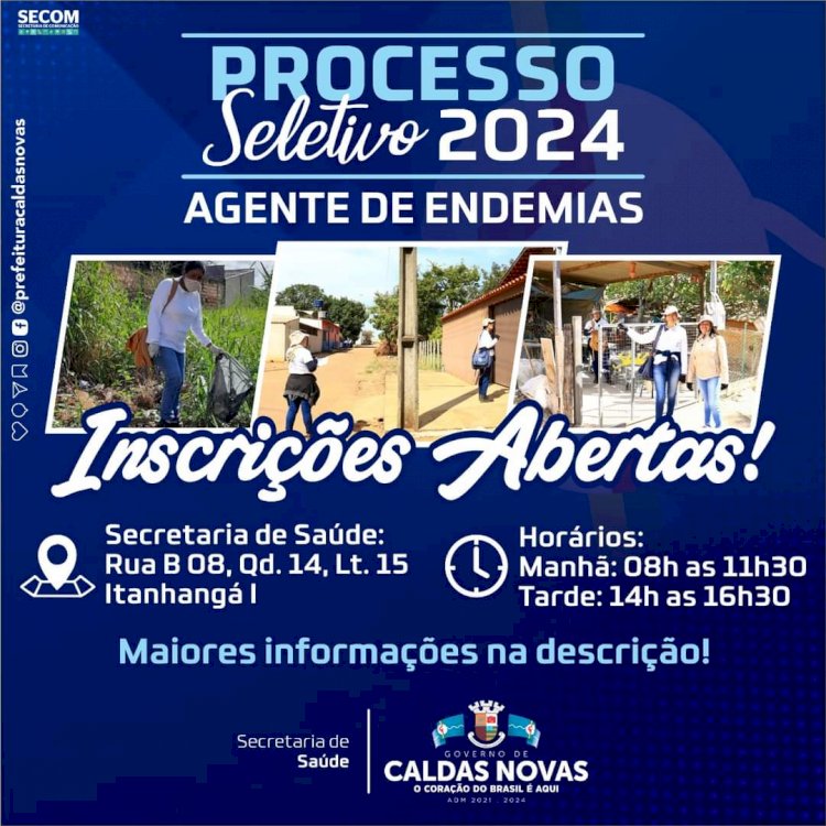 As inscrições do processo seletivo para o cargo de Agente de Combate à Endemias vão até 23/01, em Caldas Novas