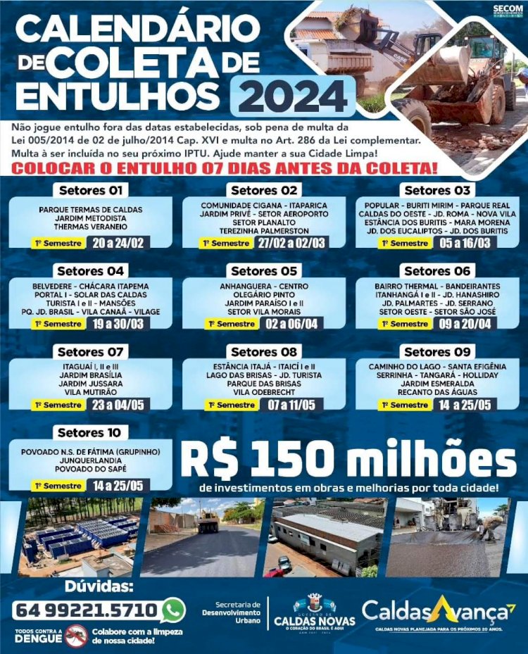 Confira o calendário de coleta de entulhos, de Fevereiro a Maio de 2024, em Caldas Novas