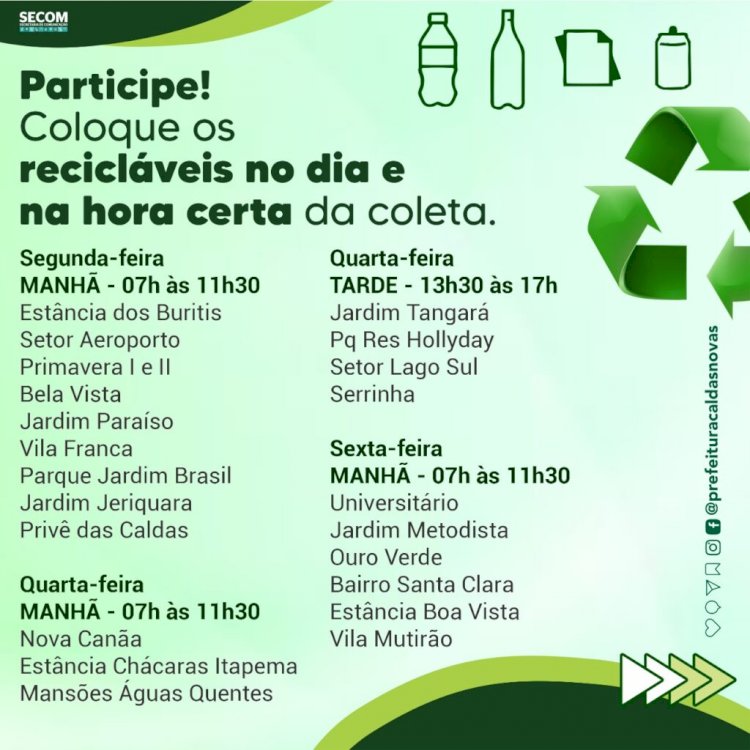 Caldas Novas: Saiba os dias e horários do caminhão da coleta seletiva no seu bairro