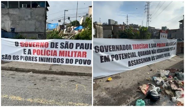 Moradores colocam faixas contra polícia e governo de SP em ponte de onde jovem foi jogado por PM