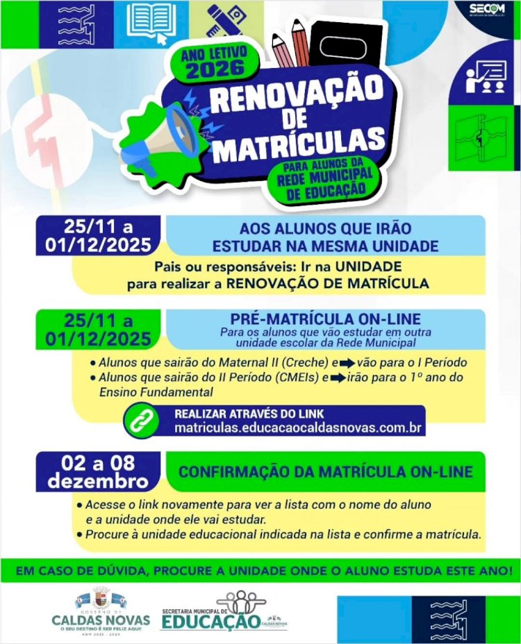 O período de matrícula para os alunos da rede municipal de ensino vai até o dia 1º de Dezembro