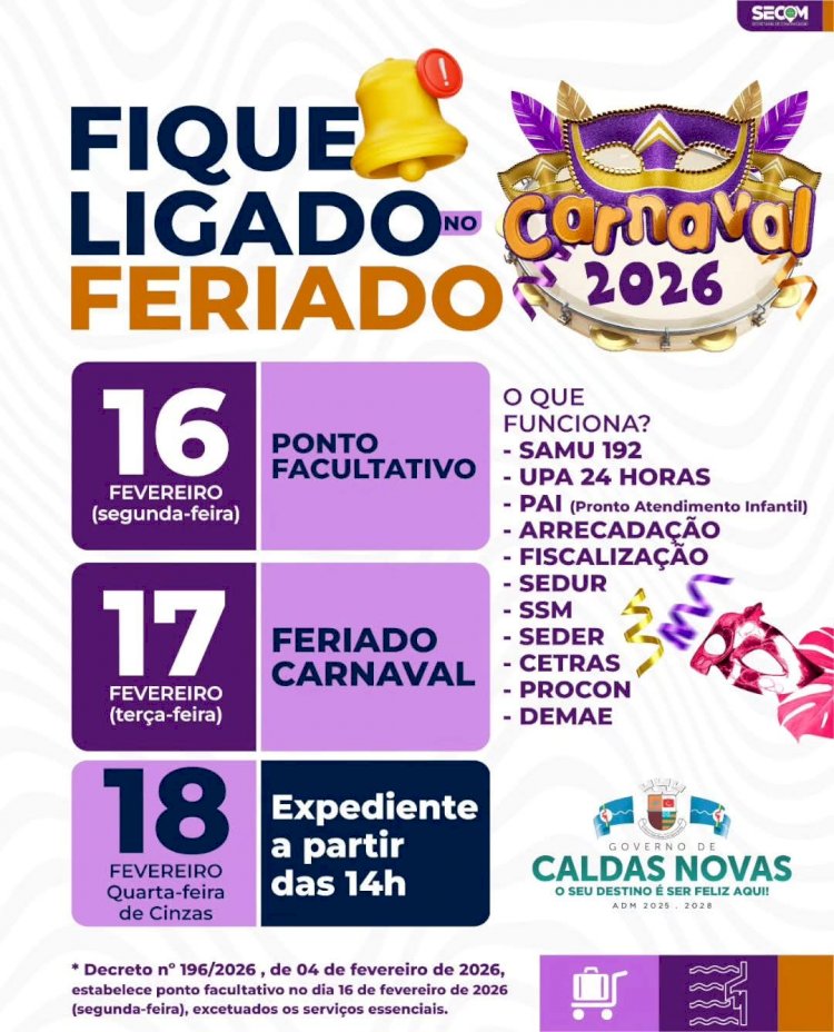 Carnaval 2026: confira o funcionamento dos serviços da Prefeitura no ponto facultativo